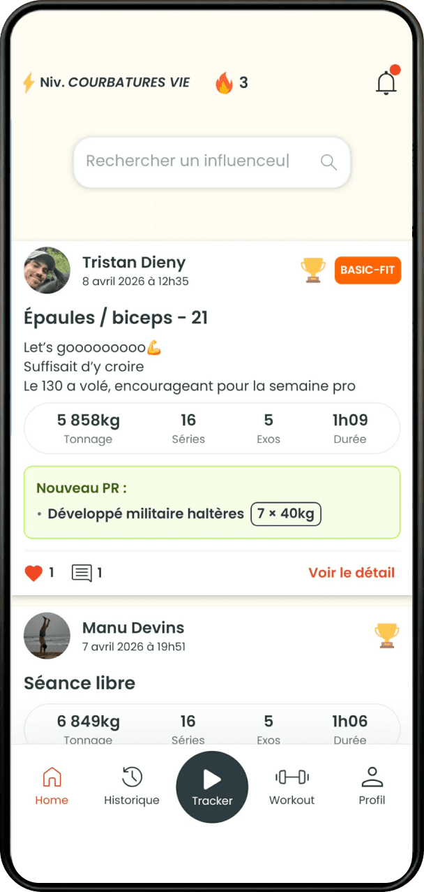 Feed social de GymCo avec les séances et nouveaux PR des autres sportifs