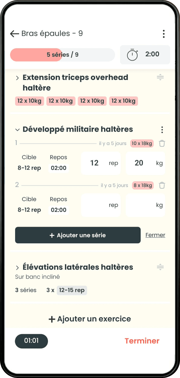Écran de séance en cours dans GymCo : exercices, séries et charges