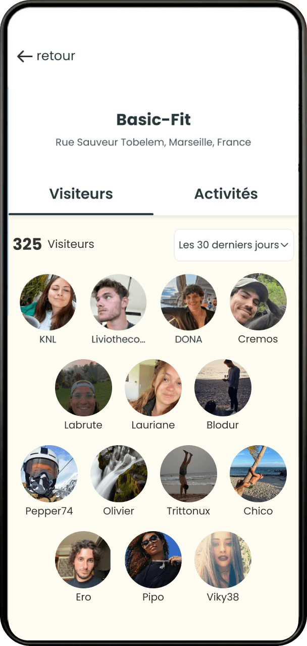 Page d'une salle de sport dans GymCo avec la liste des visiteurs